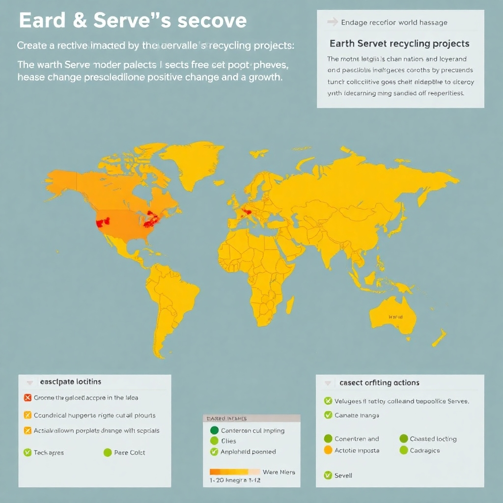 Create a stylized world map highlighting areas significantly impacted by Earth Serve's recycling projects. Use a warm color palette to indicate positive change and growth. The style should be elegant and easily interpretable, focusing on clear visual communication.