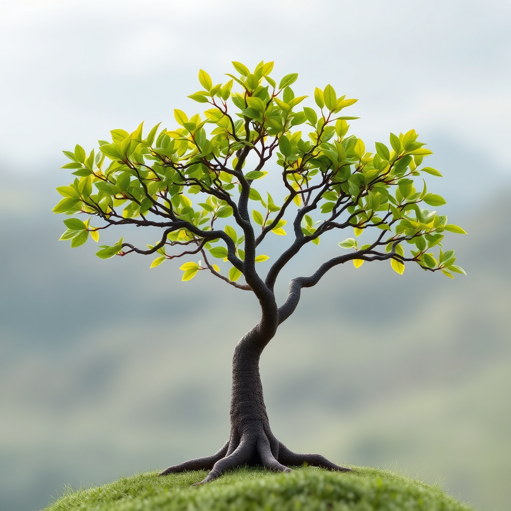Create a visual metaphor for individualized care. Imagine a single tree with uniquely shaped branches, each branch representing a different aspect of a person's mental well-being. The tree should be healthy and vibrant, with leaves of varying shades of green, symbolizing growth and resilience. The background should be a soft, blurred landscape. The overall feeling should be one of uniqueness and strength. Render in a photorealistic style.