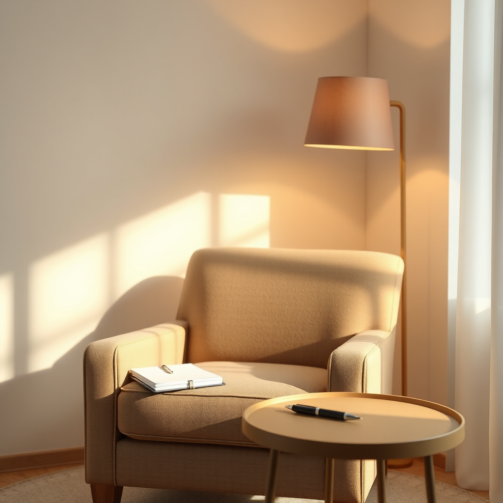 Create an image representing individual therapy. Imagine a comfortable armchair in a softly lit room. A notepad and pen rest on a small table next to the chair, suggesting reflection and processing. The atmosphere should be calm and inviting, conveying a sense of safety and trust. Render in a photorealistic style.