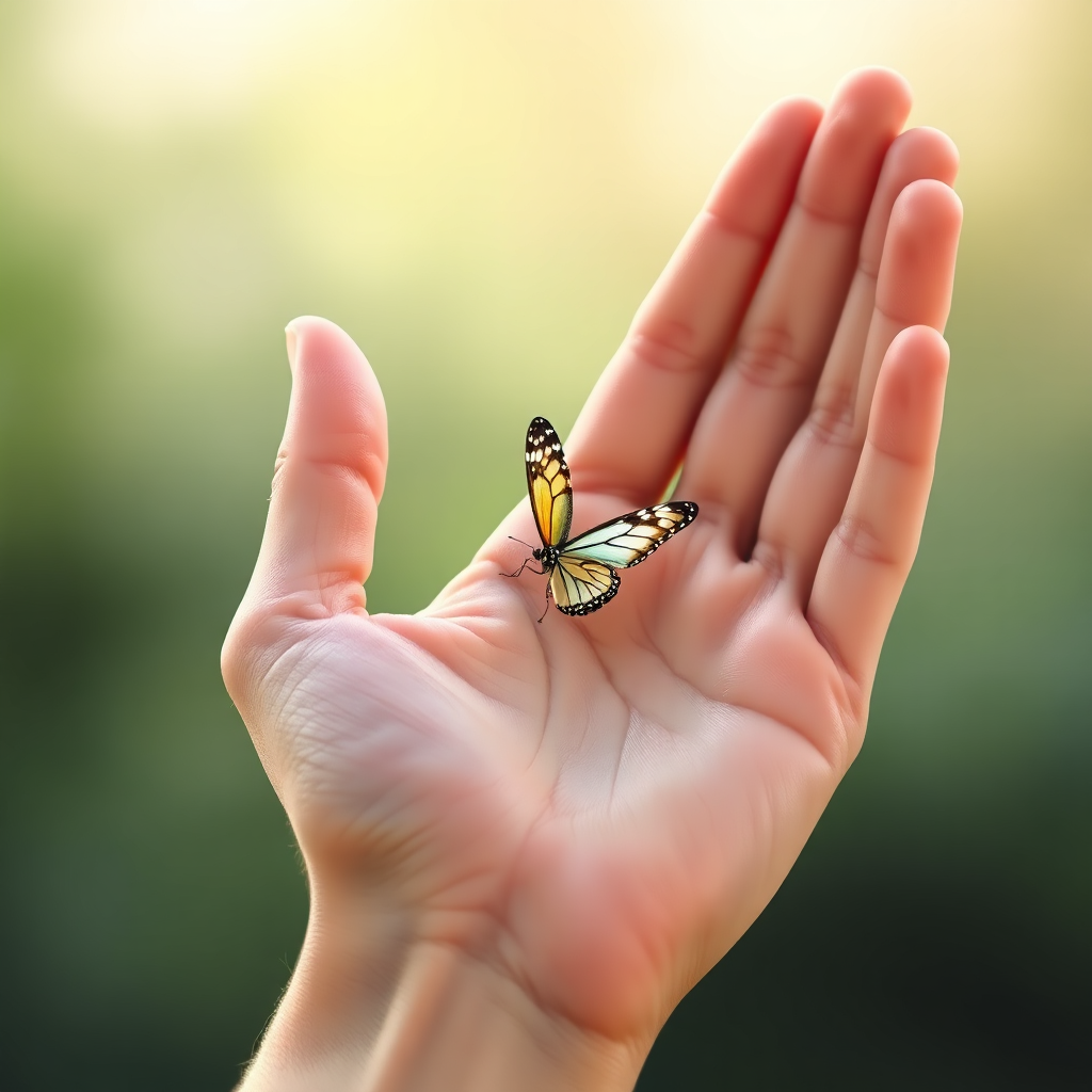 Depict a calm hand gently holding a small, fluttering butterfly. The butterfly represents anxiety, and the hand represents control and support. The background should be a soft, blurred image of a peaceful natural setting. The overall feeling should be one of reassurance and empowerment. Render in a soft, gentle style.