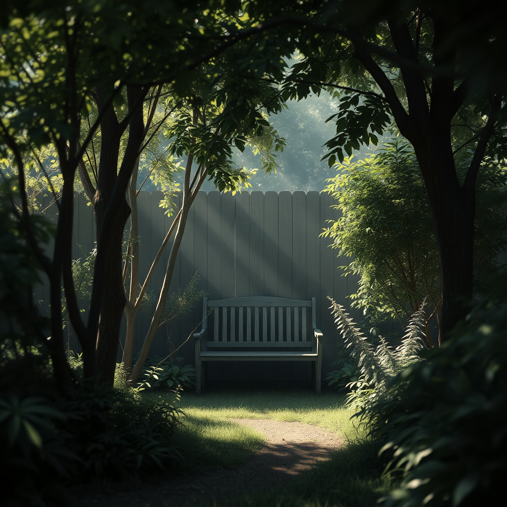 Depict a quiet, secluded garden with a hidden bench tucked away among the foliage. The light should be soft and dappled, creating a sense of privacy and intimacy. The colors should be muted and calming, with shades of green and brown dominating the palette. The overall feeling should be one of safety and security. Render in a photorealistic style.