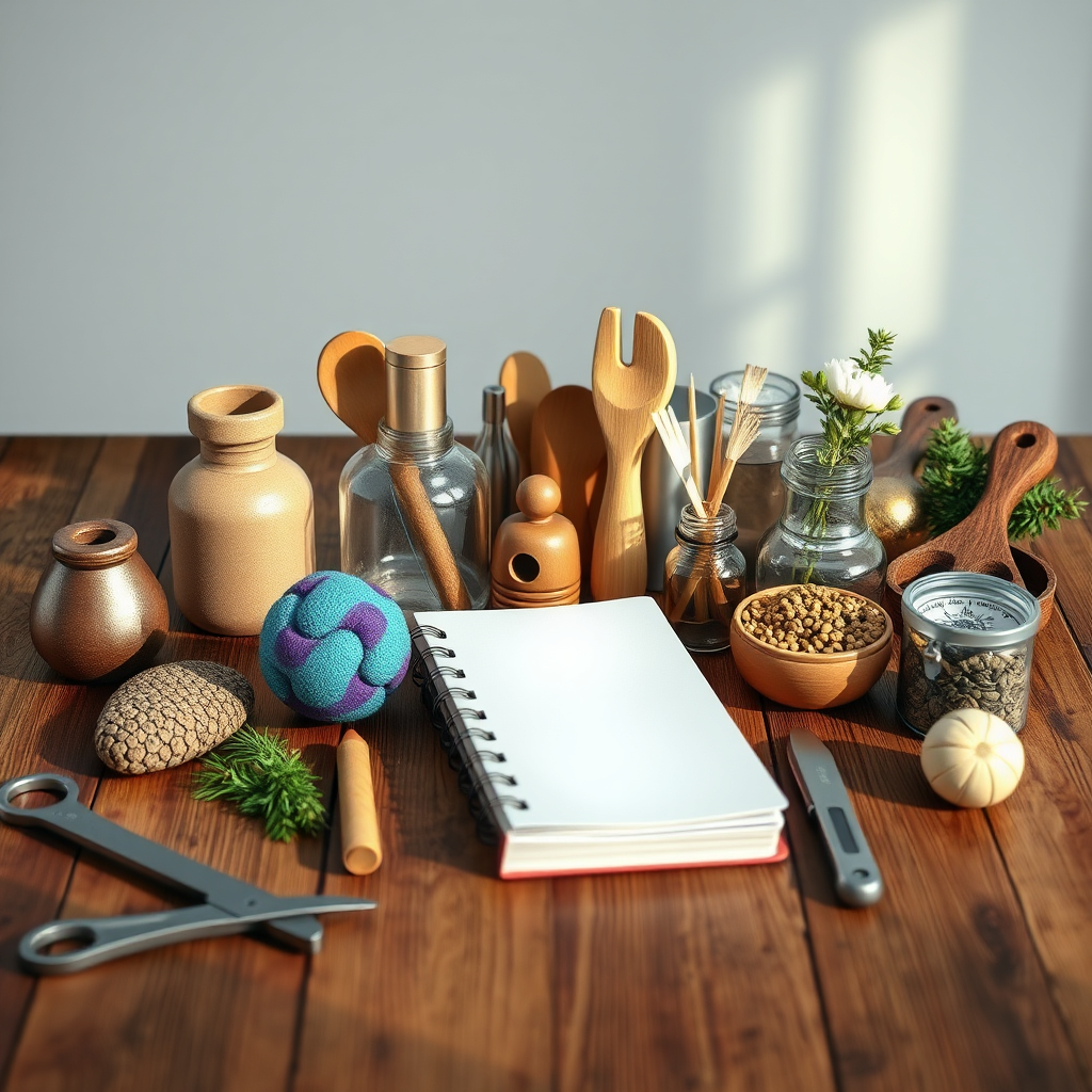 Depict a set of diverse tools arranged on a wooden table. These tools could represent coping mechanisms and strategies for managing mental health (e.g., a journal, a stress ball, calming herbs). The light should be soft and natural, highlighting the textures of the objects. The overall feeling should be one of empowerment and self-sufficiency. Render in a photorealistic style with high detail.