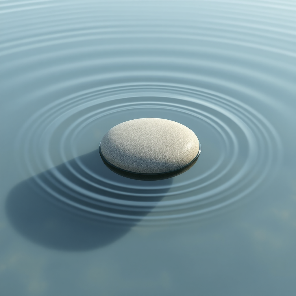 Depict a smooth, flat stone resting in a clear, still pool of water. Ripples gently spread outwards from the stone, but the water quickly returns to its calm state, symbolizing resilience. The light should be soft and diffused, creating a sense of peace. The colors should be muted and calming. Render in a photorealistic style.