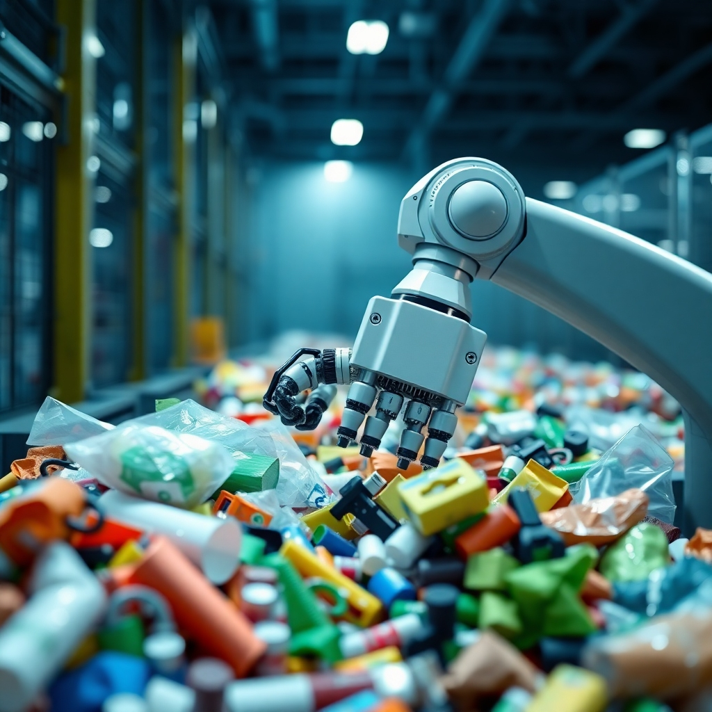 Generate a photorealistic image of a state-of-the-art sorting robot arm efficiently separating various recyclable materials. Use dynamic lighting and a close-up camera angle to highlight the intricate details and technology involved. The color scheme should be cool and modern, and the image should evoke a sense of innovation and precision.