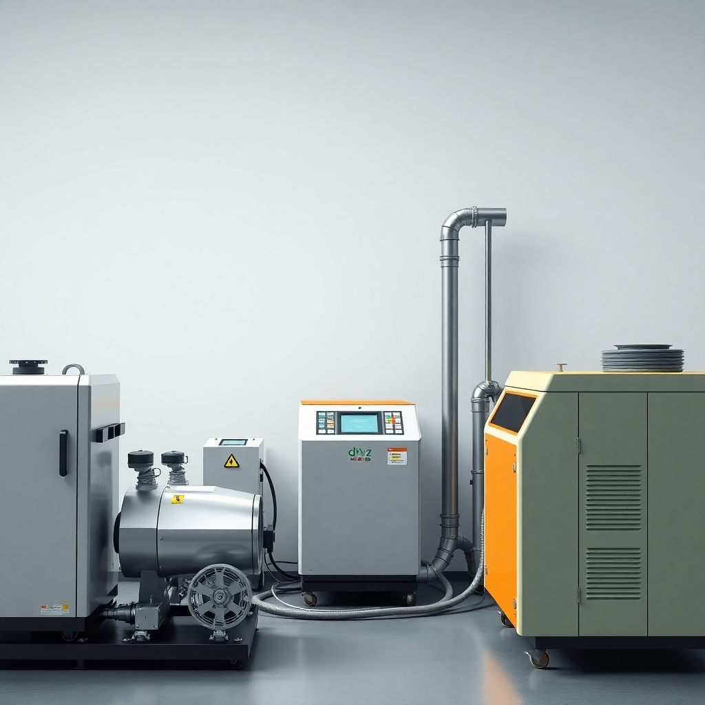 Generate a photorealistic image of several advanced recycling machines, clearly demonstrating their efficiency and potential impact. The lighting should be well-balanced, highlighting the clean lines of the machines and showcasing their technological capabilities.
