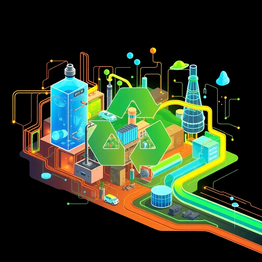 Generate a stylized image of a futuristic recycling facility. Employ vibrant colors representing resource transformation (e.g., blues for water, greens for plants, browns for earth). Use dynamic lines to show the flow of materials. The composition should be abstract yet easily understandable, drawing inspiration from infographic design. The style should be highly detailed, showcasing complex processes in a visually appealing way, with a slight cyberpunk influence.