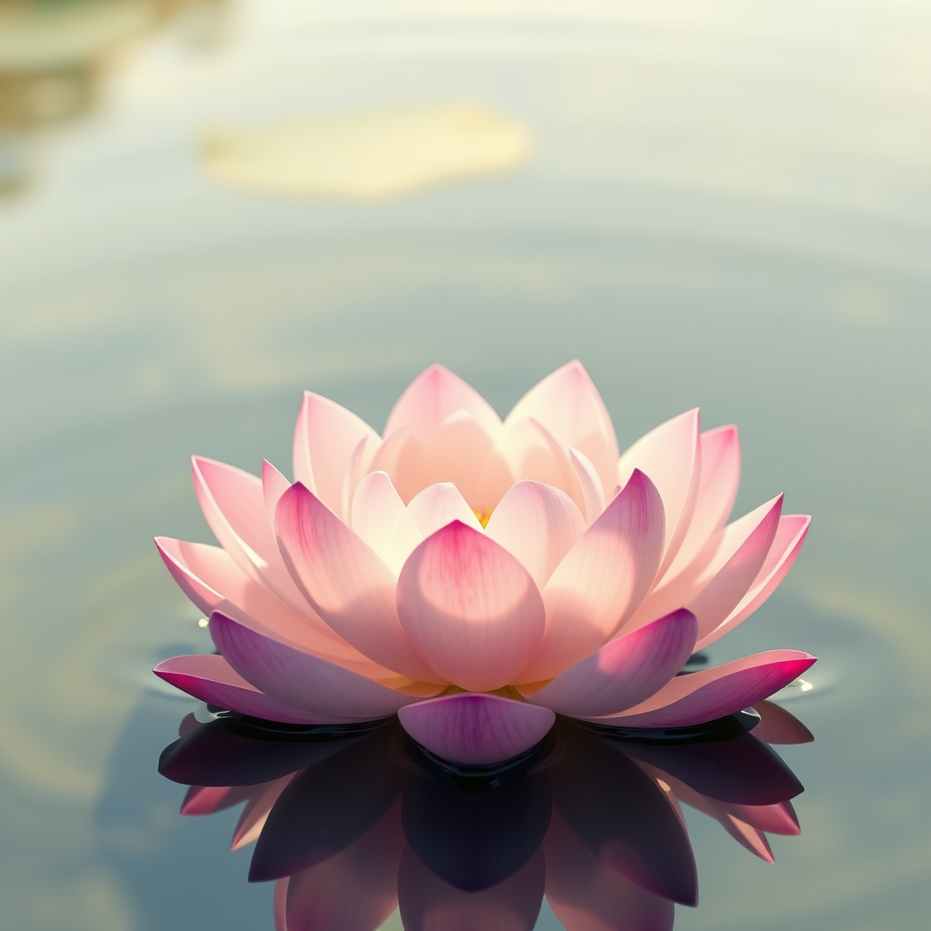 Imagine a blooming lotus flower floating on a tranquil pond. The flower represents inner peace and emotional well-being. The water should be clear and still, reflecting the sky above. The light should be soft and golden, creating a sense of serenity. Render in a stylized, ethereal style.