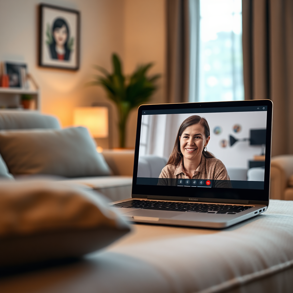 Imagine a cozy living room with soft lighting and a laptop displaying a video call. The person on the screen should have a warm, empathetic expression. The focus should be on creating a sense of connection and ease, despite the distance. The overall feeling should be one of accessibility and convenience. Render in a photorealistic style.