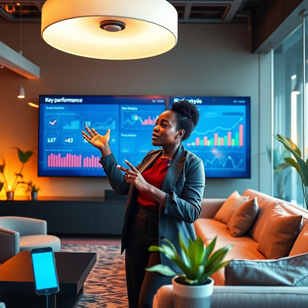 Photorealistic image, ultra-high quality, 8K resolution, inspired by the work of Peter Lindbergh.  The setting is a modern, sleek co-working space with soft, warm lighting. Amaka Adindu is shown dynamically gesturing as she explains a point on a large touchscreen monitor that displays key performance indicators and social media analytics.  The color palette is rich and warm with tones of deep blue, warm golds, and soft whites. The camera angle is slightly low, looking up at Amaka and emphasizing her energy and expertise.  The texture of the touchscreen is smooth and reflective.  Environmental elements include modern furniture, plants, and soft lighting creating a modern, energetic, and innovative atmosphere. The image evokes a sense of success and technological advancement.  Props include a smartphone and tablet displaying relevant social media platforms, and sophisticated data visualization charts.