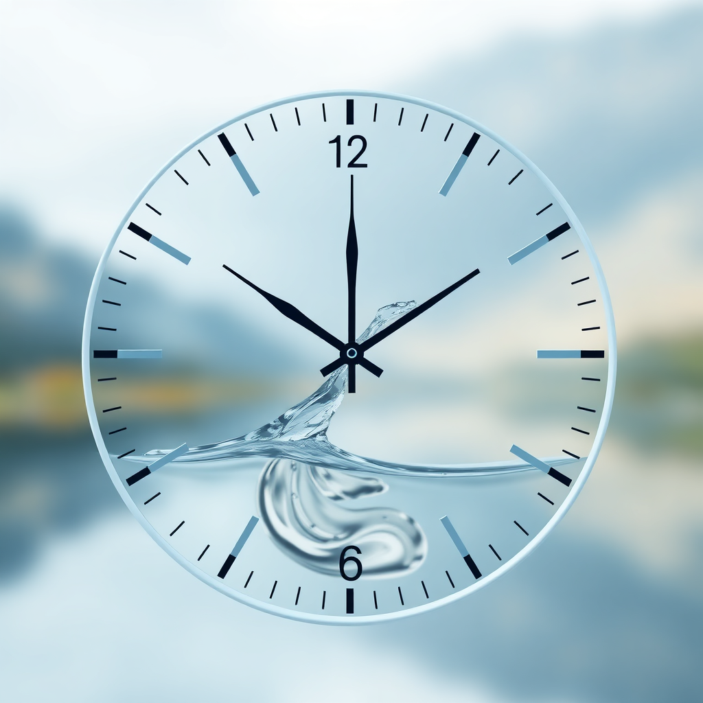 Visualize a clock with a gently flowing stream of water replacing the hands, symbolizing time and flexibility. The clock face should be stylized and calming, with soft, muted colors. The water should be clear and clean, representing adaptability. The background should be a blurred, peaceful landscape. Render in a modern, minimalist style.
