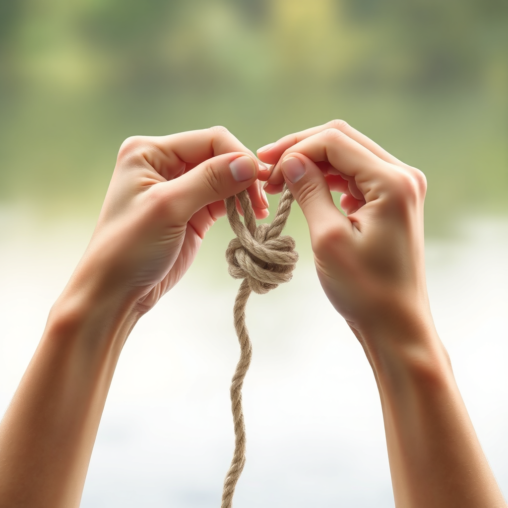 Visualize a person gently untangling a knot, representing the release of anxiety. The hands should be calm and steady, and the knot should be gradually loosening. The background should be a soft, blurred image of a peaceful natural setting. The overall feeling should be one of relief and calm. Render in a soft, gentle style.