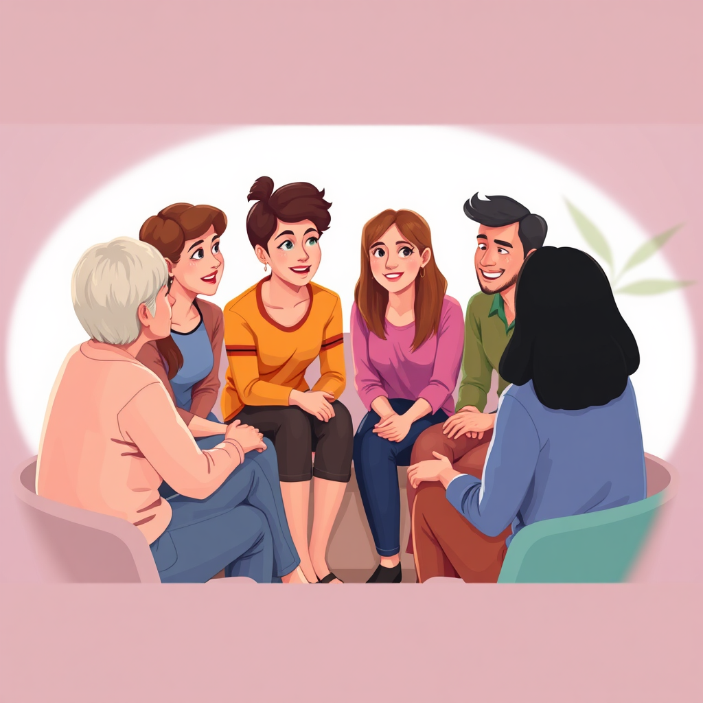 Visualize a small group of people sitting in a circle, engaged in conversation. Their expressions should be open and empathetic, conveying a sense of connection and understanding. The setting should be a comfortable and welcoming space. Render in a realistic, approachable style.