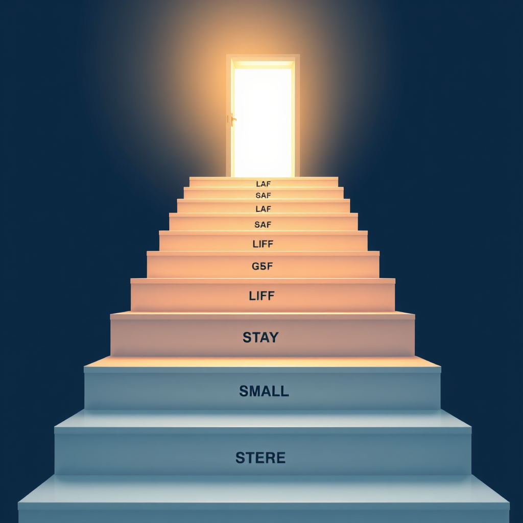 Visualize a staircase leading upwards towards a bright, open doorway. Each step represents a small, achievable goal. Subtle markers could indicate progress made along the way. The style should be clean and modern, emphasizing the feeling of forward movement. The light from the doorway should be warm and inviting, symbolizing hope and accomplishment. Render in a stylized, optimistic manner.