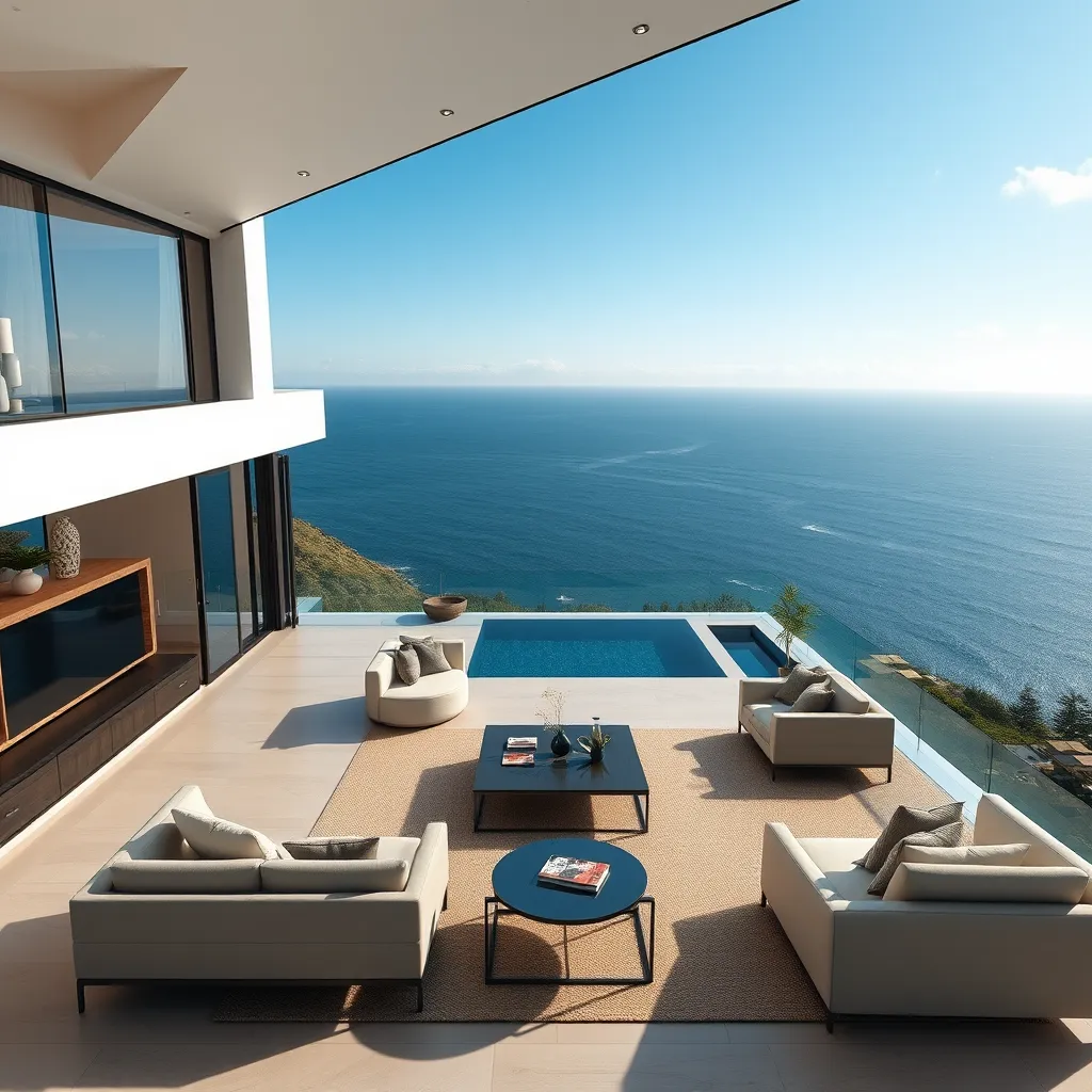 A 3D rendering of a custom-designed modern villa situated on a hilltop overlooking the Pacific Ocean, showcasing stunning views and a luxurious interior. The villa features open floor plans, large windows, and contemporary furniture, reflecting the owner's taste for modern luxury. The image should emphasize the attention to detail in the architectural design and the personalized touch that makes the villa unique and special.