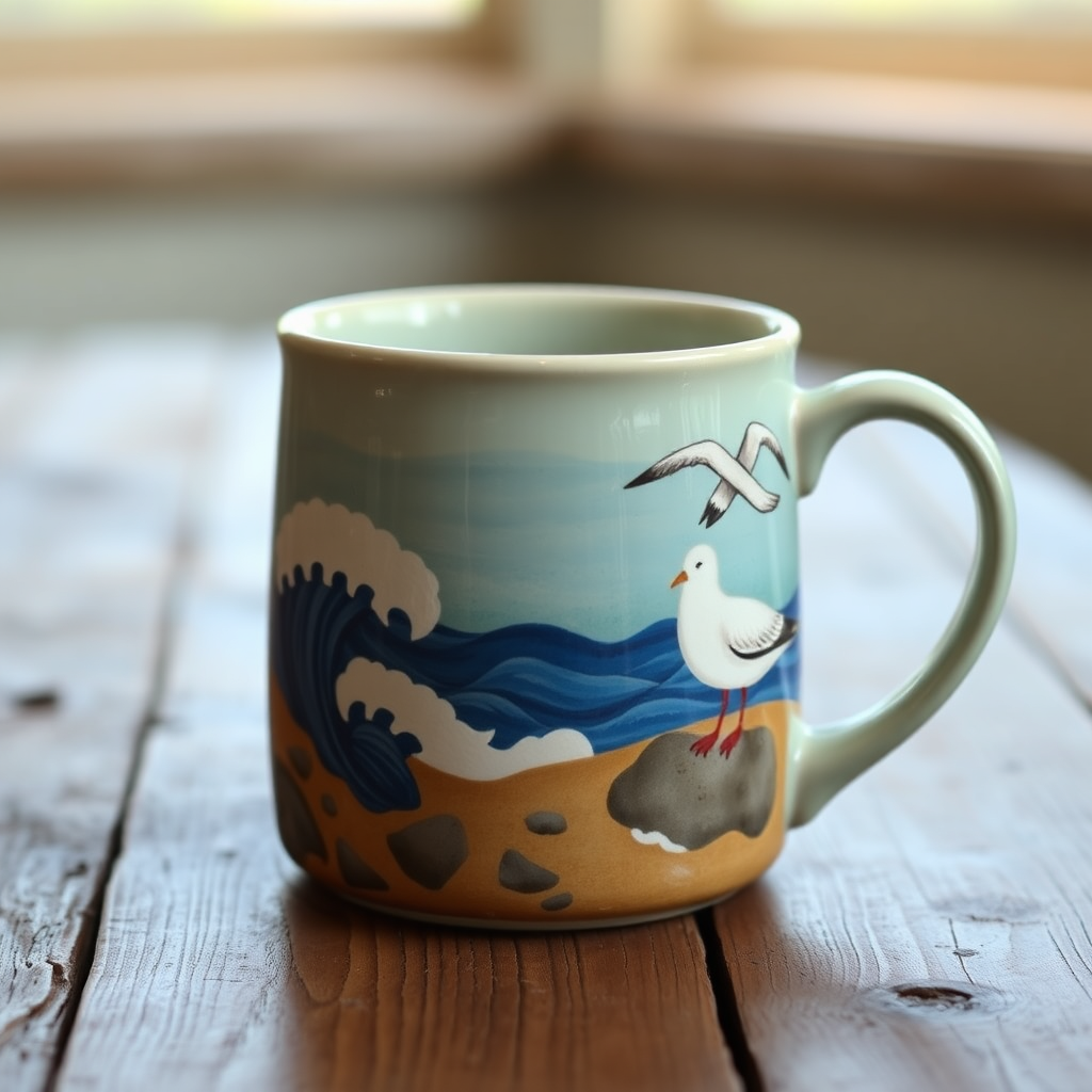 Handcrafted ceramic mug with coastal design