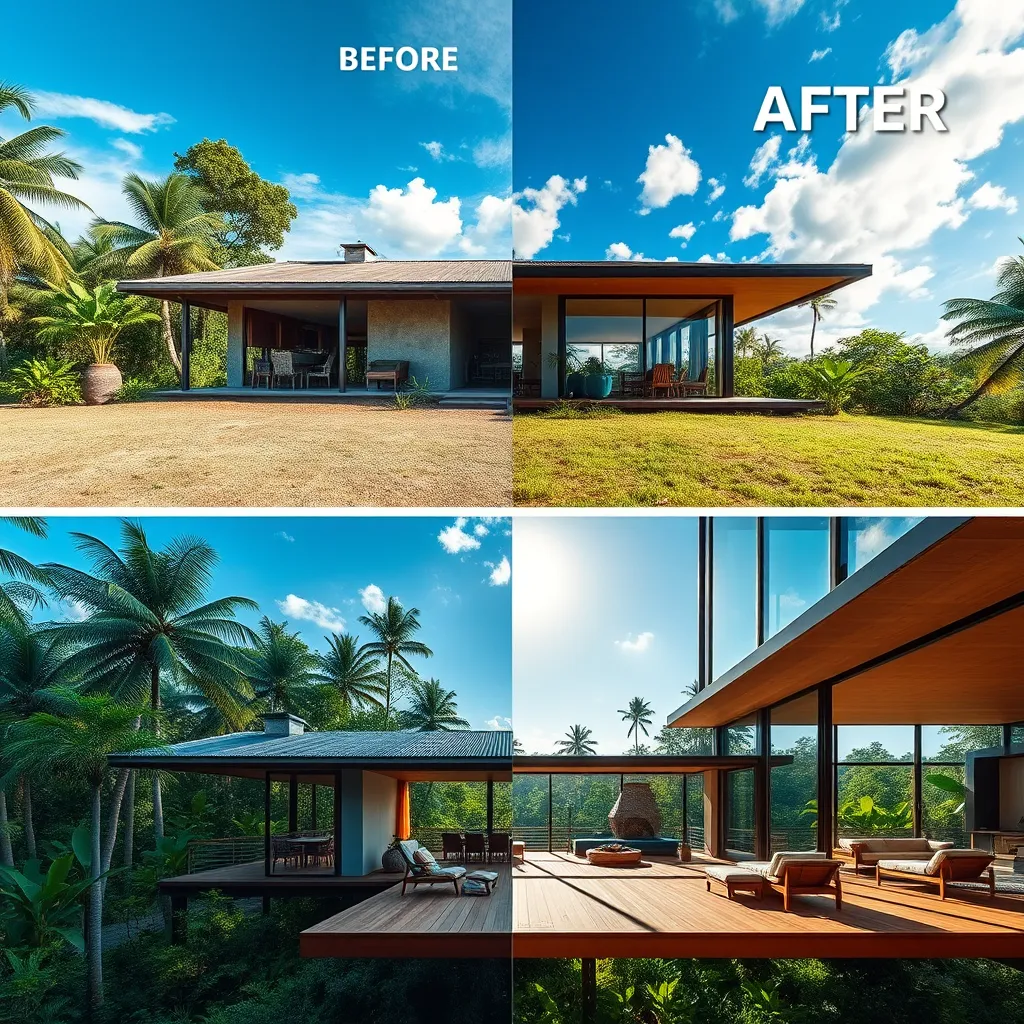 A before-and-after image showcasing a stunning transformation of a mid-century house in Dominical, Costa Rica. The 'before' image shows a dated, closed-off house with a limited view of the surrounding jungle. The 'after' image reveals a modern, open-concept home with expansive windows and a seamless transition between indoor and outdoor living spaces. The home features a beautiful deck overlooking a lush garden, showcasing the integration of nature into the design. Sunlight streams through the windows, illuminating the warm, inviting interior. The 'after' image should highlight the enhanced functionality, improved aesthetics, and connection to nature achieved through the renovation. Render the image in ultra-realistic 8K resolution with hyper-detailed textures and lighting effects, emphasizing the dramatic contrast between the two images. The sky should be a vibrant blue with lush green foliage, representing the tropical paradise setting.