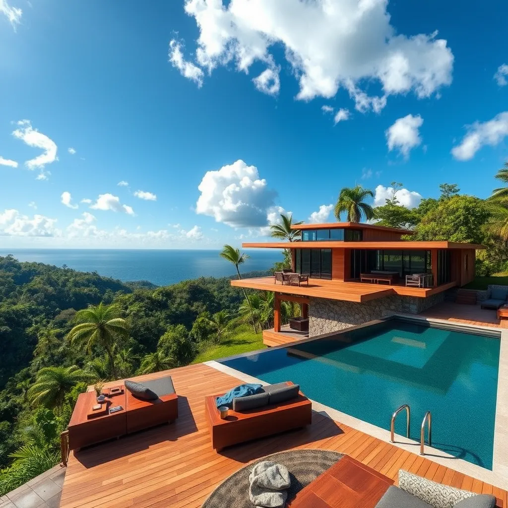 A breathtaking panoramic view of a modern, minimalist home nestled on a hillside in Dominical, Costa Rica. The home features expansive glass windows showcasing the lush rainforest and ocean views. Sunlight streams through the windows, creating a warm, inviting atmosphere. The exterior is a blend of natural wood and stone, blending seamlessly with the surrounding landscape. The pool deck is adorned with sleek, modern furniture, inviting relaxation and enjoyment of the tropical climate. The image should be in the style of a high-end architectural photography magazine, with a focus on capturing the home's beauty and connection to nature. Render the image in ultra-realistic 8K resolution with hyper-detailed textures and lighting effects, emphasizing the play of light and shadow across the home's surfaces. The sky should be clear and blue, with fluffy white clouds, highlighting the vibrant tropical environment.