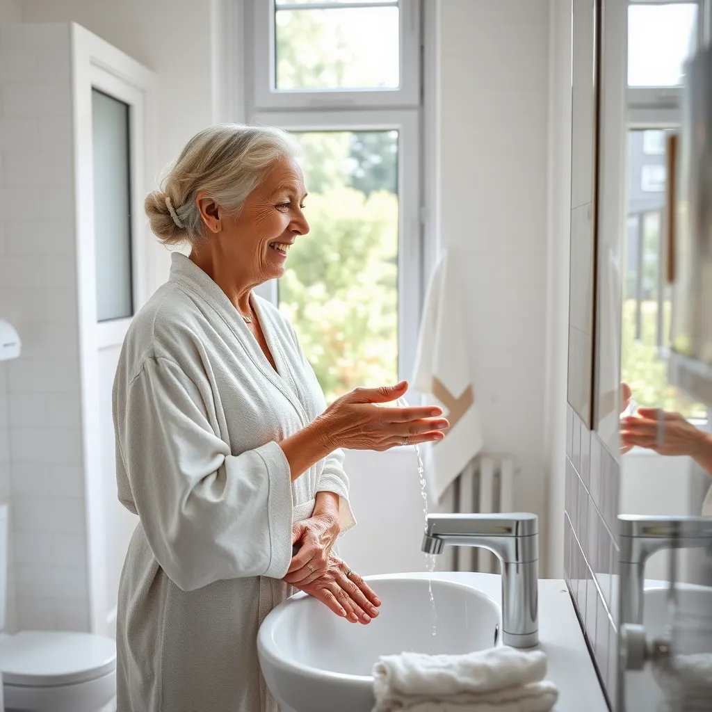 A bright and airy bathroom, with white tiles and a large window overlooking a tranquil garden. An elderly woman in a comfortable robe stands by the sink, smiling as a compassionate caregiver gently assists her with washing her face. The caregiver's hand is soft and reassuring, conveying a sense of tenderness and care. The image should be composed in a close-up perspective, focusing on the hands and the expressions of both individuals. Capture the details of the bathroom environment, including the soft towels, the gentle stream of water, and the reflection of light on the mirror. Rendered in a photorealistic style, with an emphasis on natural lighting and subtle textures, highlighting the personal and intimate nature of the service.