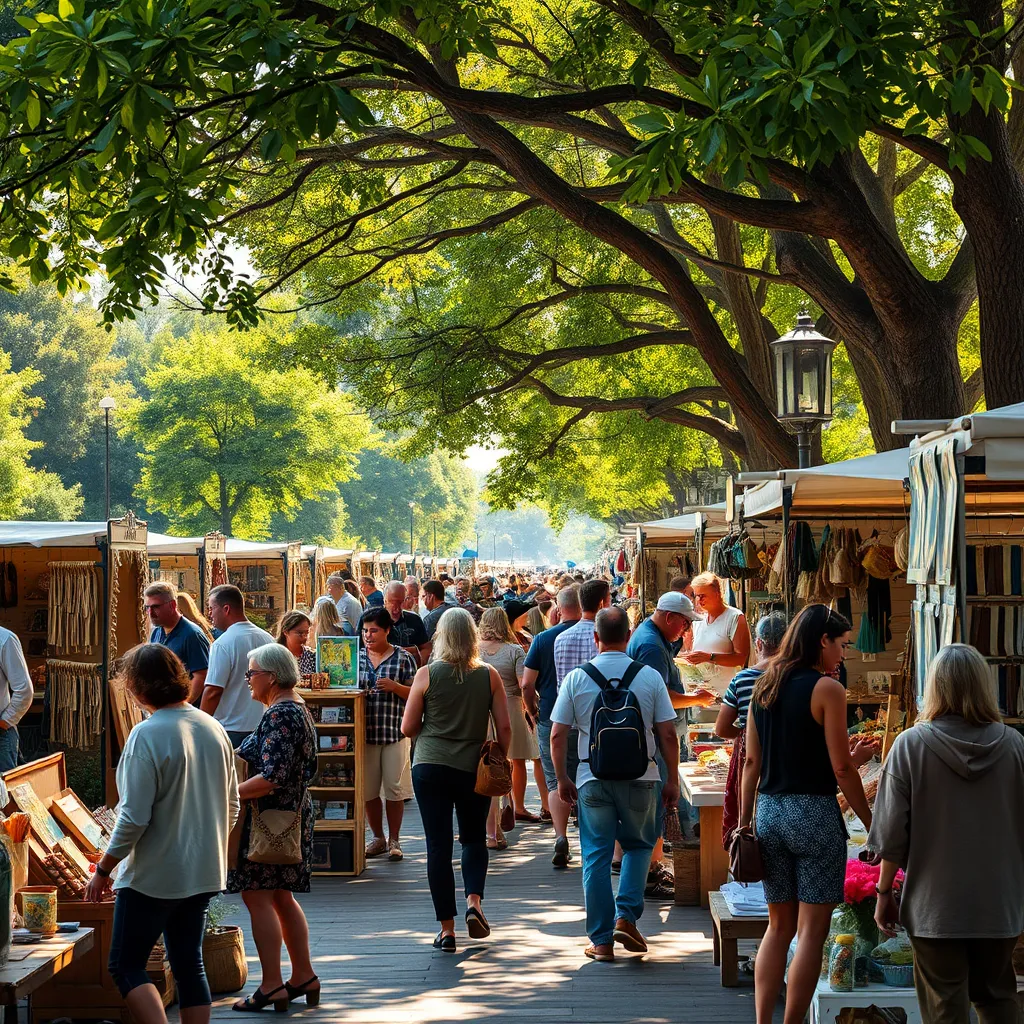 A bustling artisan market in a sunlit park, with diverse vendors showcasing their handcrafted goods. A crowd of people browse and chat with vendors, creating a vibrant and lively atmosphere.