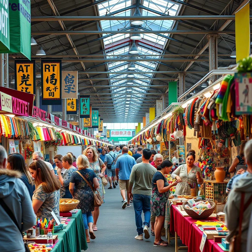 A bustling arts and crafts event with colorful booths, happy attendees browsing, and artists demonstrating their skills. Capture the energy and joy of the event, with a focus on the diverse crafts and art forms present.