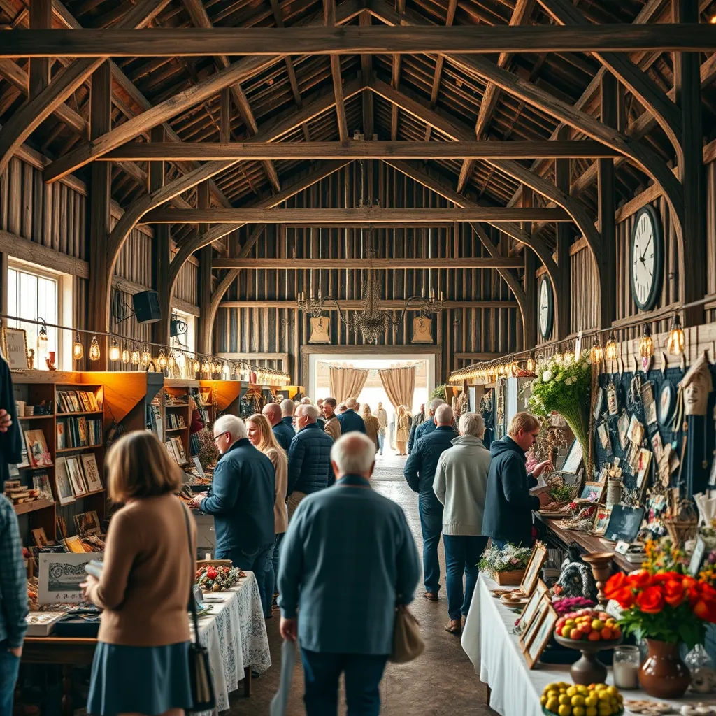 A charming, rustic barn setting, hosting an arts and crafts fair. Vendors display unique handcrafted items, while attendees browse and purchase, creating a warm and welcoming atmosphere.