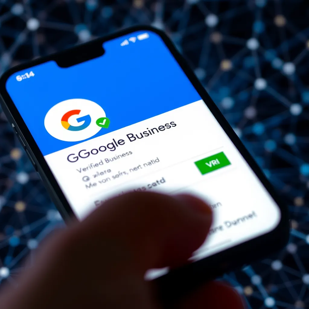A close-up of a smartphone displaying a Google Business profile.  The profile has a green verified badge next to the business name.  The background is a digital illustration of a complex network of interconnected lines and nodes, symbolizing Google's algorithms and data analysis.