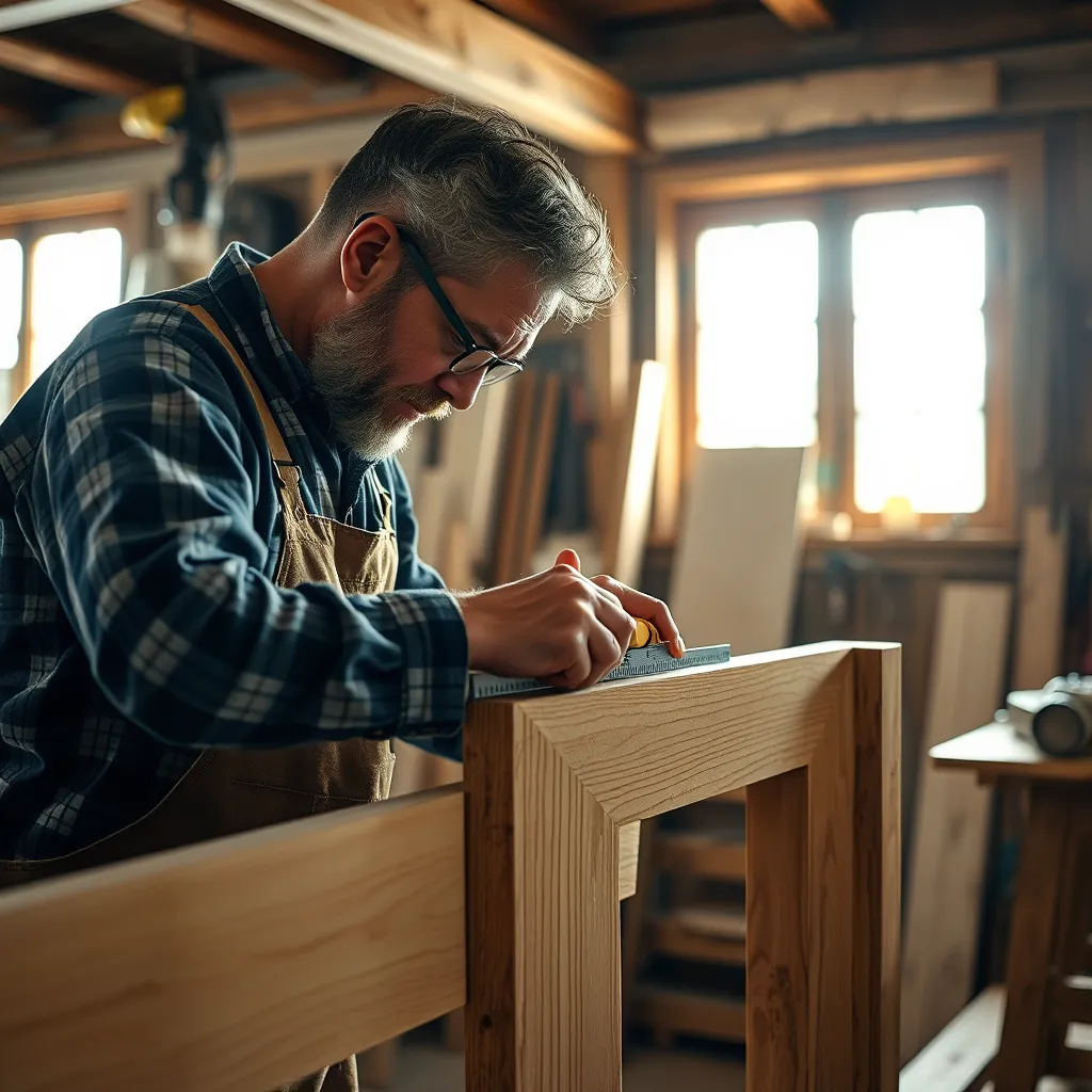 A close-up shot of a skilled craftsman carefully measuring and cutting wood for a custom-made door frame, sunlight streaming in through a nearby window, highlighting the intricate details of the woodwork. The background should be a rustic workshop filled with tools and materials, showcasing the dedication and expertise involved in the construction process.