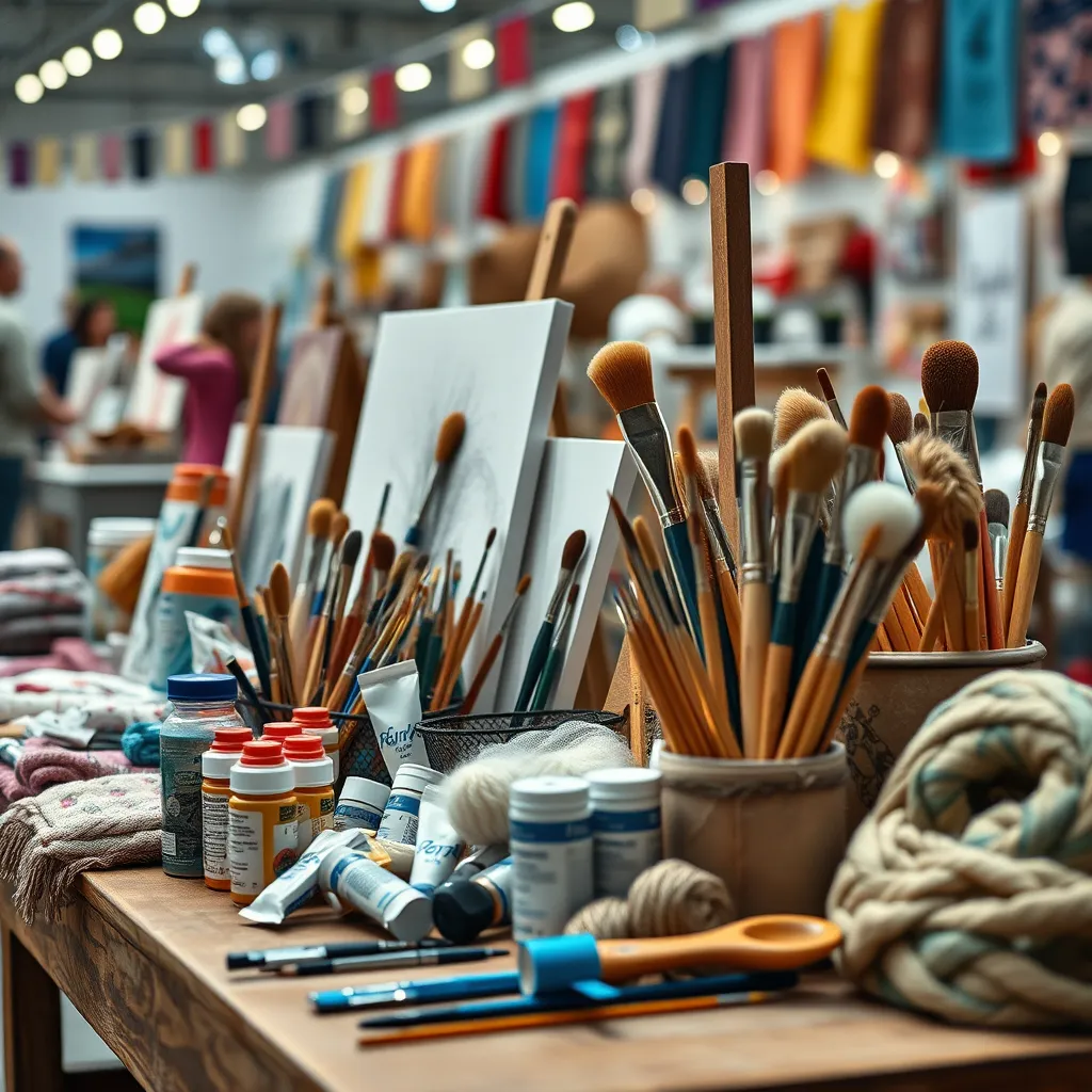 A close-up shot of a table at the arts and crafts event, showcasing a variety of high-quality craft supplies: paint tubes, brushes, canvases, yarn, fabric, and various other crafting materials arranged beautifully.