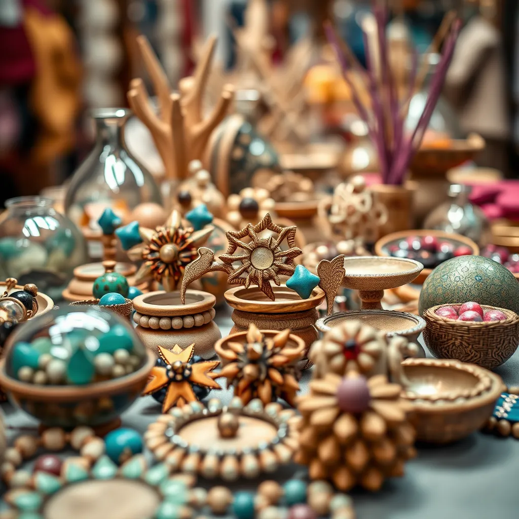 A close-up shot of a table filled with beautifully crafted items, showcasing the diverse range of art and crafts available at our events. Focus on the intricate details and textures of each piece, highlighting the uniqueness of handmade goods.