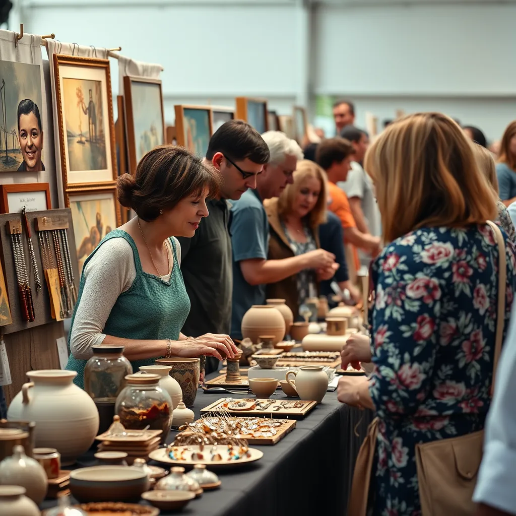 A close-up shot of a vendor interacting with customers at a well-organized arts and crafts event. The vendor's table is beautifully displayed with handcrafted jewelry, pottery, and paintings. Customers are engaged in conversations, admiring the products and making purchases. 
