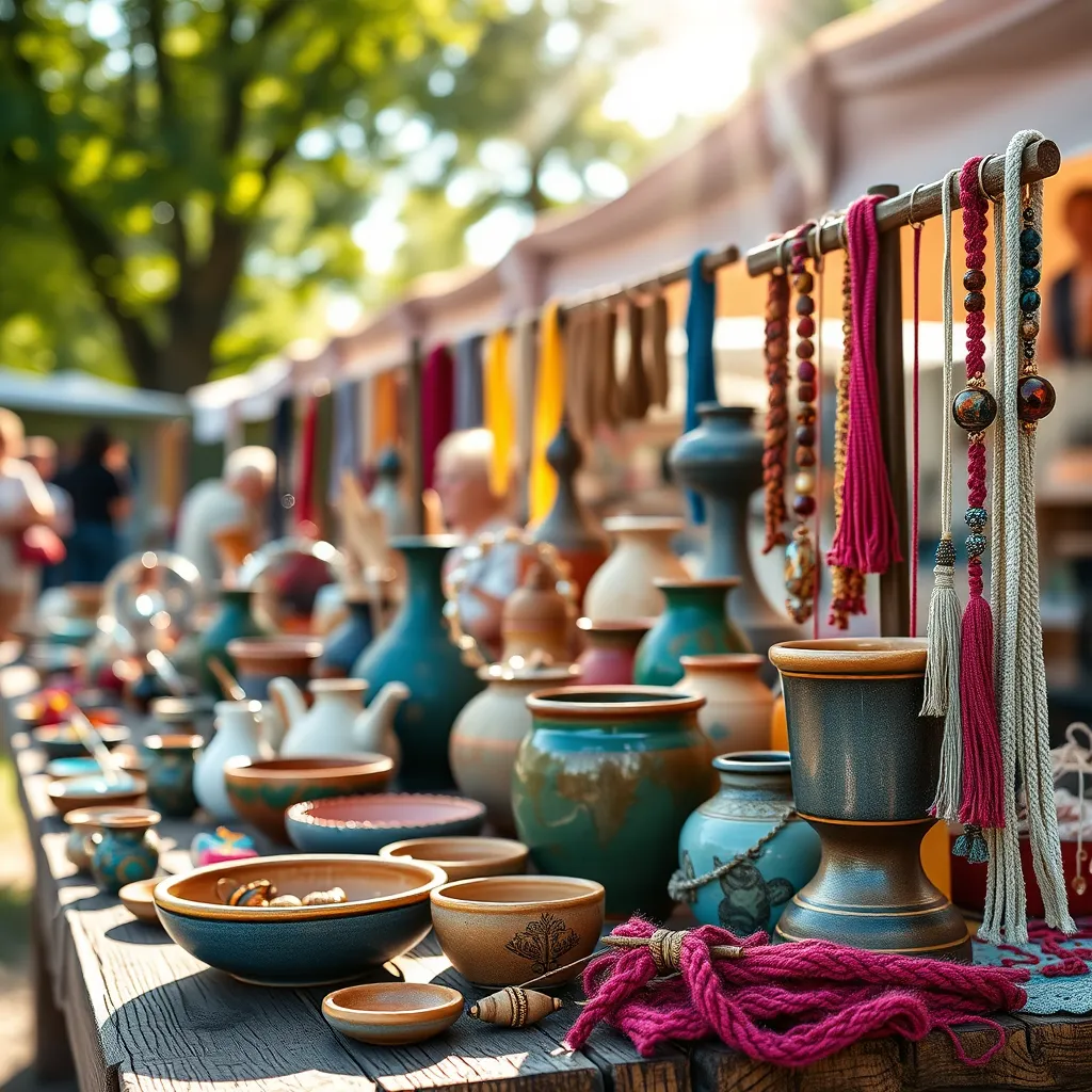 A close-up shot of a vibrant, colorful display of handmade pottery, jewelry, and knitted items on a wooden table at an arts and crafts event, with sunlight streaming through the trees in the background.