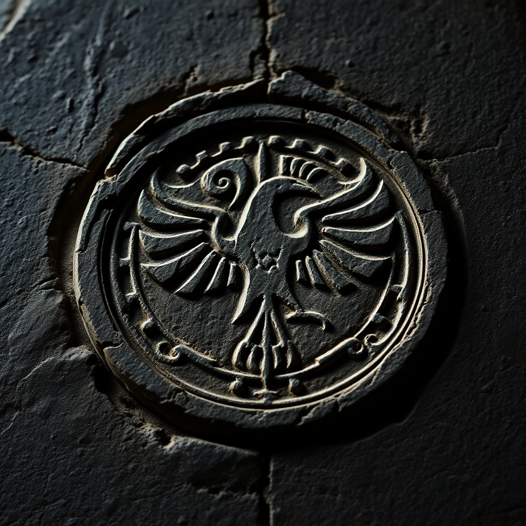 A detailed close-up shot of an ancient, weathered stone with a symbol carved into it; the symbol should resemble a stylized crow with outstretched wings, surrounded by intricate patterns. The stone should look old and possibly part of a larger structure, with a mysterious, atmospheric lighting.