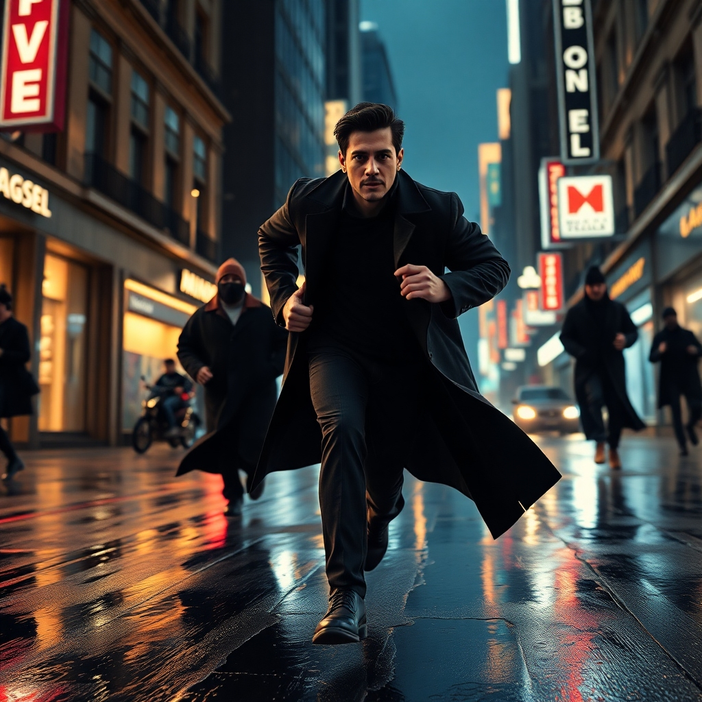A dynamic, photorealistic image of Sergio Bedolla running through a bustling city street at night, pursued by shadowy figures in long black coats. Fast-paced action, rain-slicked streets, neon signs reflecting in puddles, and a sense of urgency and danger should be conveyed. The city should be a blend of old and new architecture.