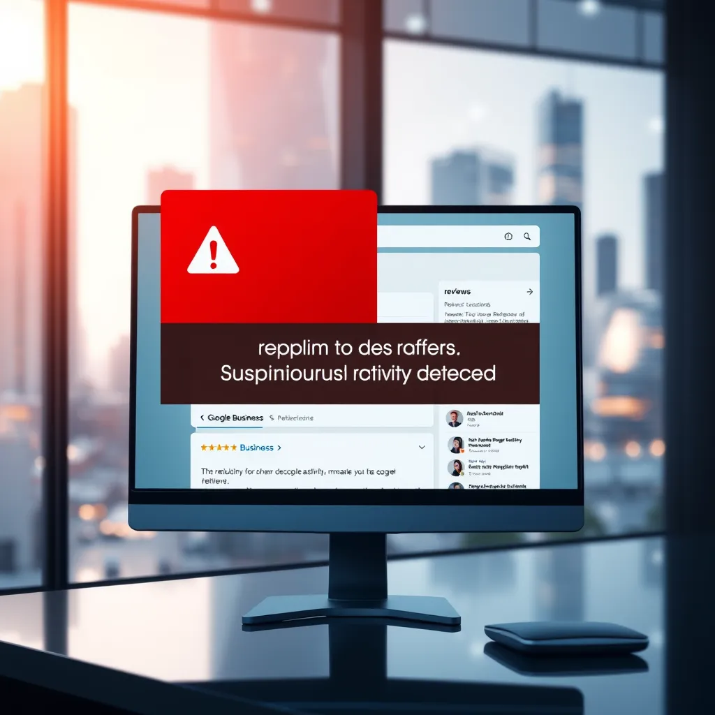 A futuristic, clean interface depicting a computer screen with a Google Business profile.  A red flag icon appears over the review section, with text saying 'Suspicious activity detected'. In the background, a blurred image of a cityscape with tall buildings suggests a bustling business environment.