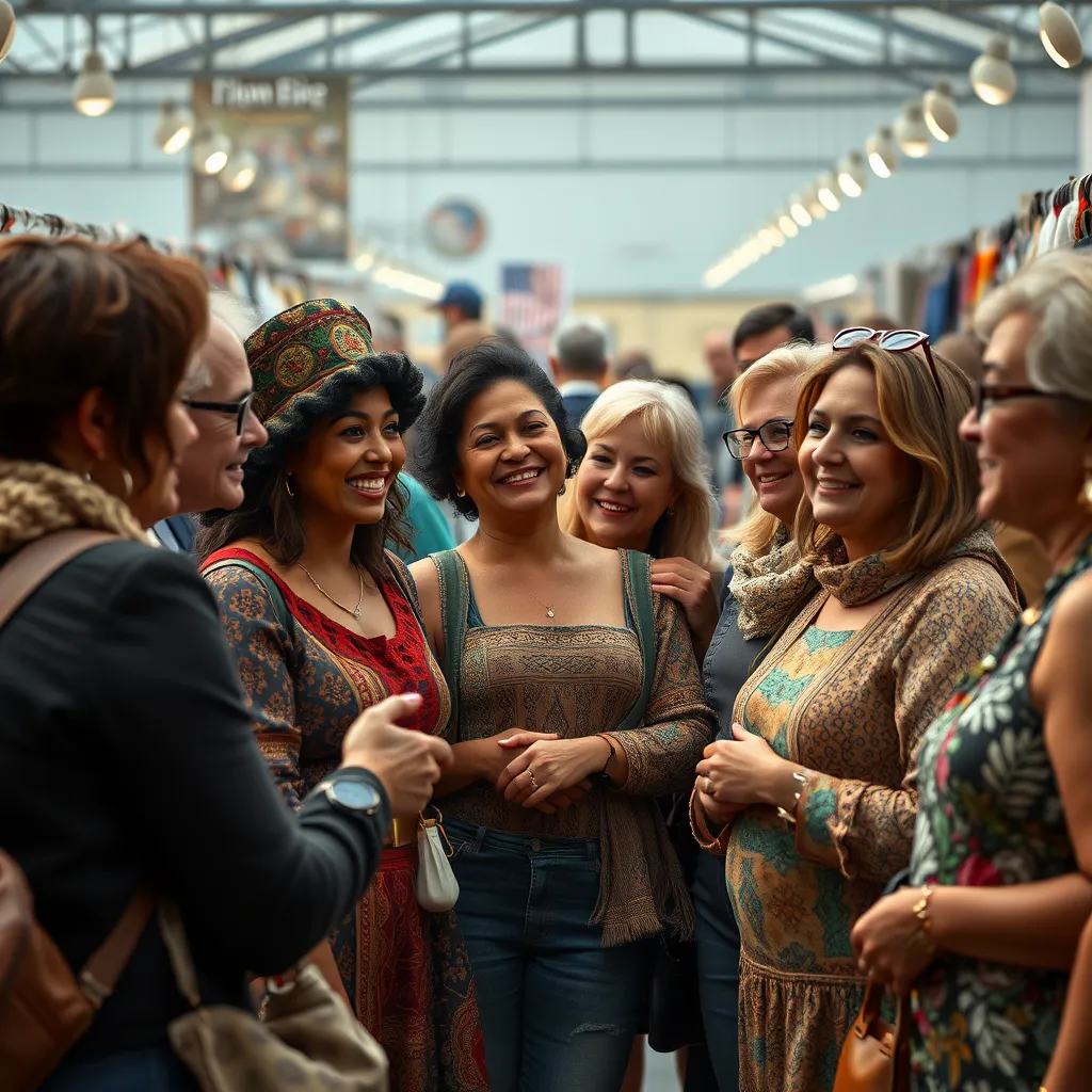 A group of diverse artists and vendors gathered together at an arts and crafts event, sharing smiles and engaging in conversation. The atmosphere is friendly and collaborative, highlighting the sense of community and support fostered by the event. 