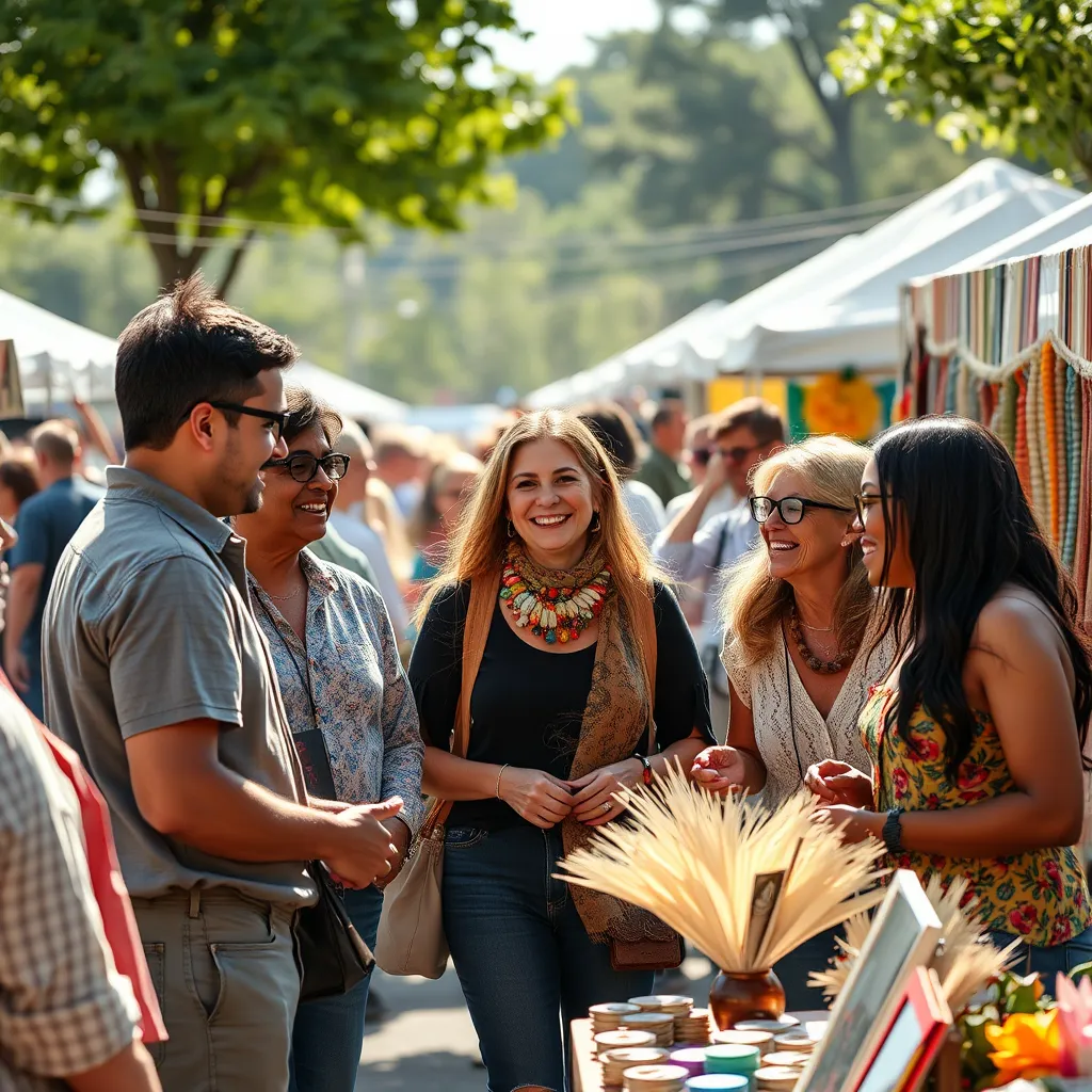 A group of diverse individuals smiling and talking while surrounded by tables showcasing various crafts at an outdoor arts and crafts event, with a sunny and bustling atmosphere.