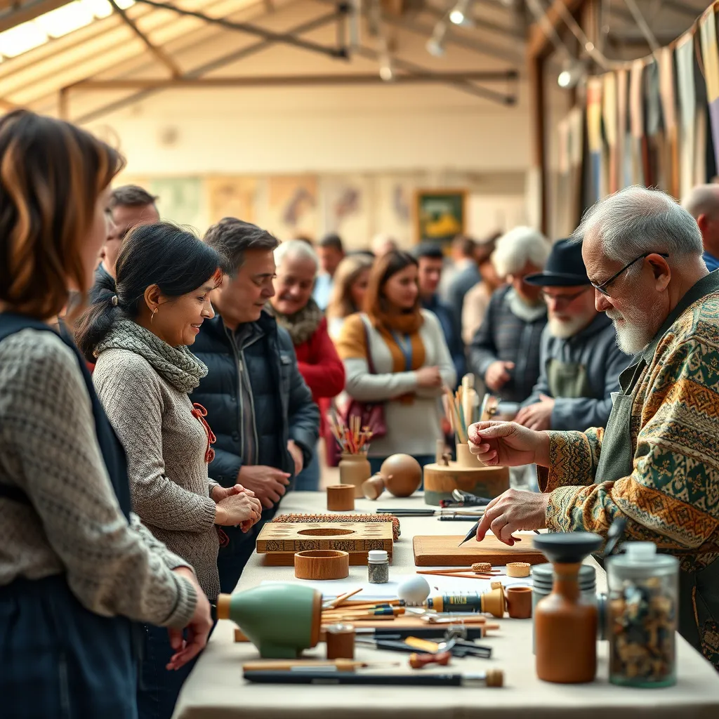A group of people gathered around a table at the arts and crafts event, attentively listening to a skilled artisan demonstrating a creative technique. The artisan is showcasing their skills, using tools and materials to create a beautiful handmade piece.