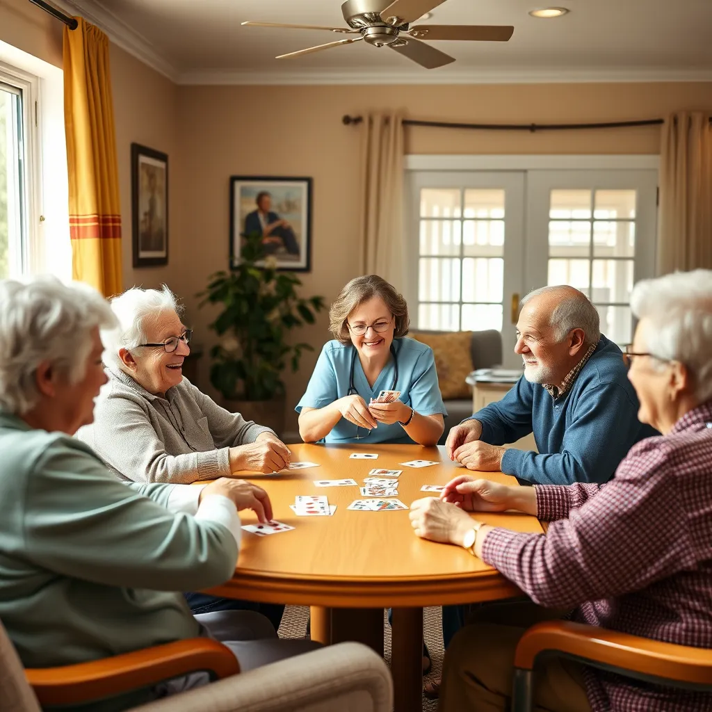 A group of seniors are playing cards around a table in a brightly lit living room. A caregiver is laughing and interacting with them, creating a warm and cheerful atmosphere. The room is decorated with comfortable furniture and bright colors, providing a welcoming space for social interaction.