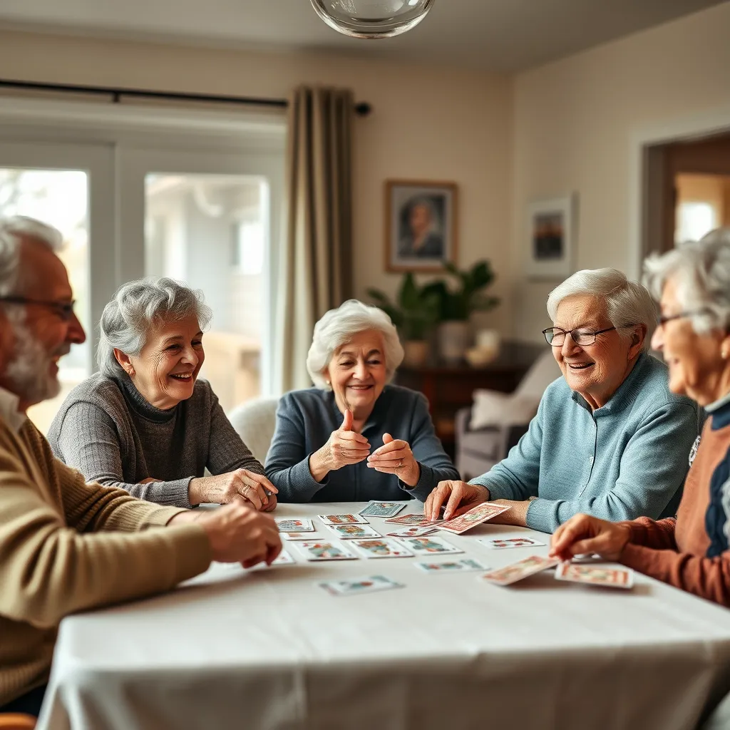 A group of seniors gathered around a table in a living room, enjoying a game of cards. The room is filled with natural light and laughter. The seniors are smiling and interacting with each other, showcasing the social aspect of in-home care and its positive impact on their lives.