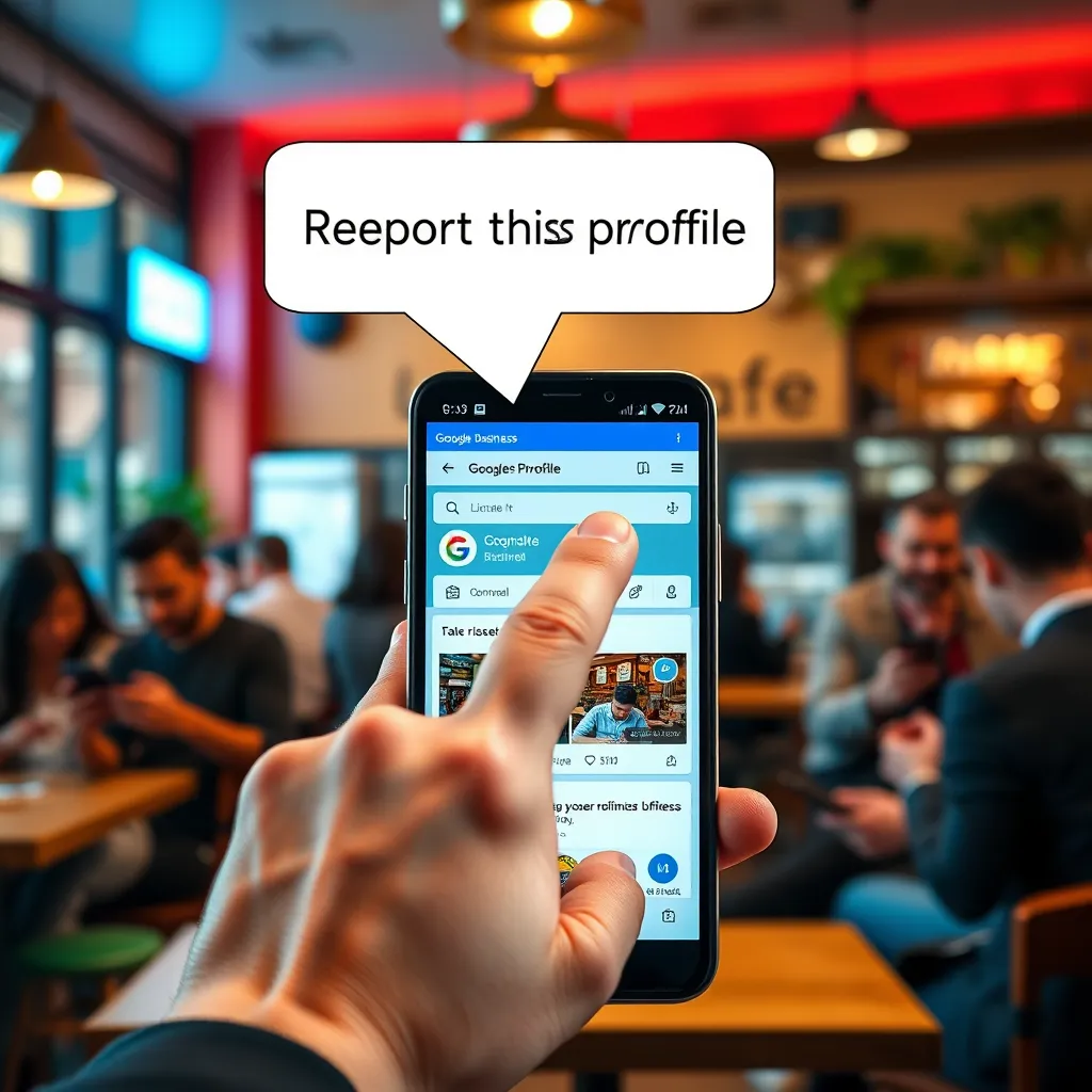 A hand with a finger pointing at a Google Business profile on a smartphone screen.  A speech bubble above the finger says 'Report this profile'.  The background is a bright, vibrant cafe setting with people using their phones.