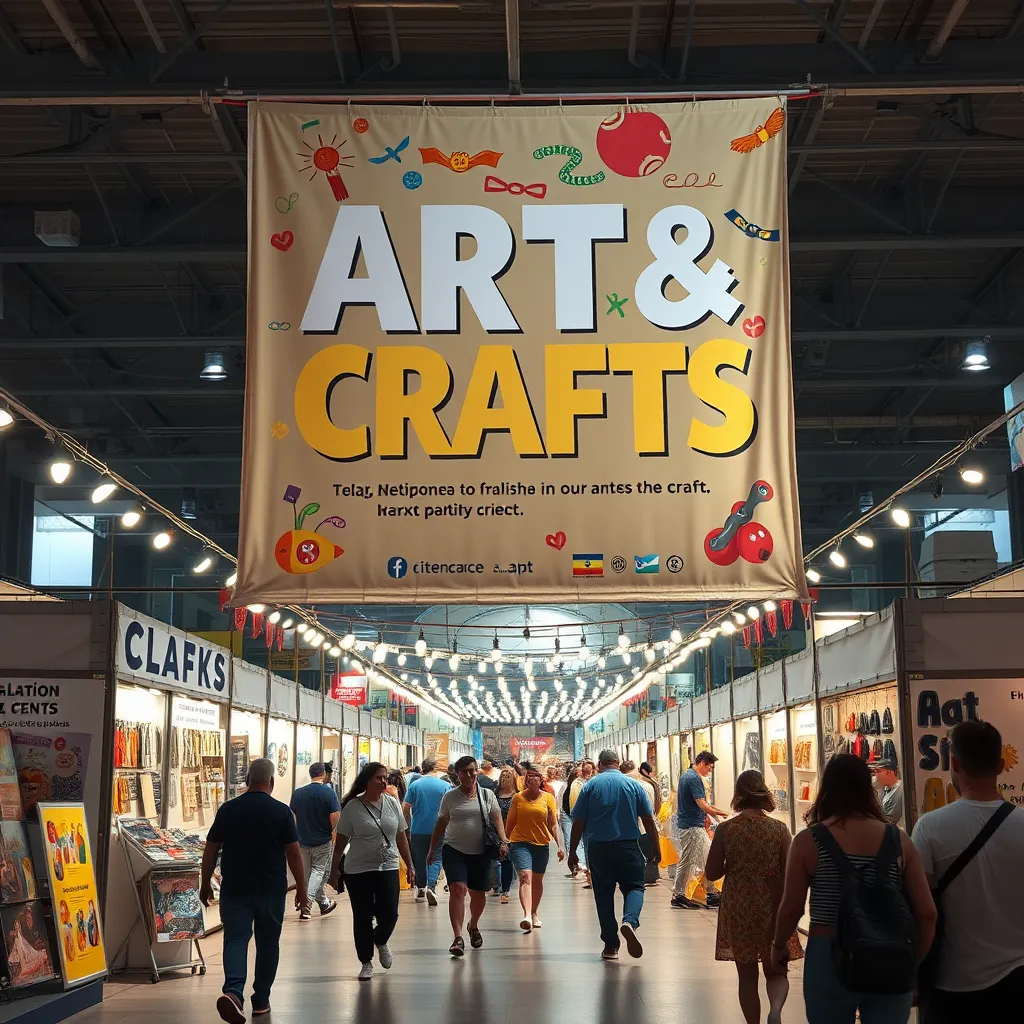 A large banner advertising an arts and crafts event, showcasing a diverse range of artistic creations. People are walking towards the event, drawn by the vibrant colors and enticing displays.