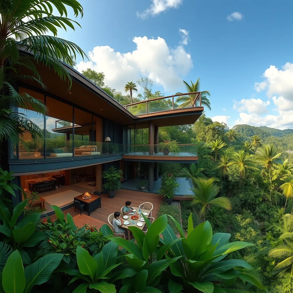 A panoramic view of a modern, eco-friendly home nestled amidst lush tropical vegetation, showcasing a seamless transition between indoor and outdoor living spaces. The home features large windows that offer stunning views of the surrounding rainforest, and a sustainable design that minimizes its environmental impact. In the foreground, a family enjoys a meal on the patio, surrounded by vibrant tropical foliage, highlighting the harmonious connection between the home and the natural surroundings.