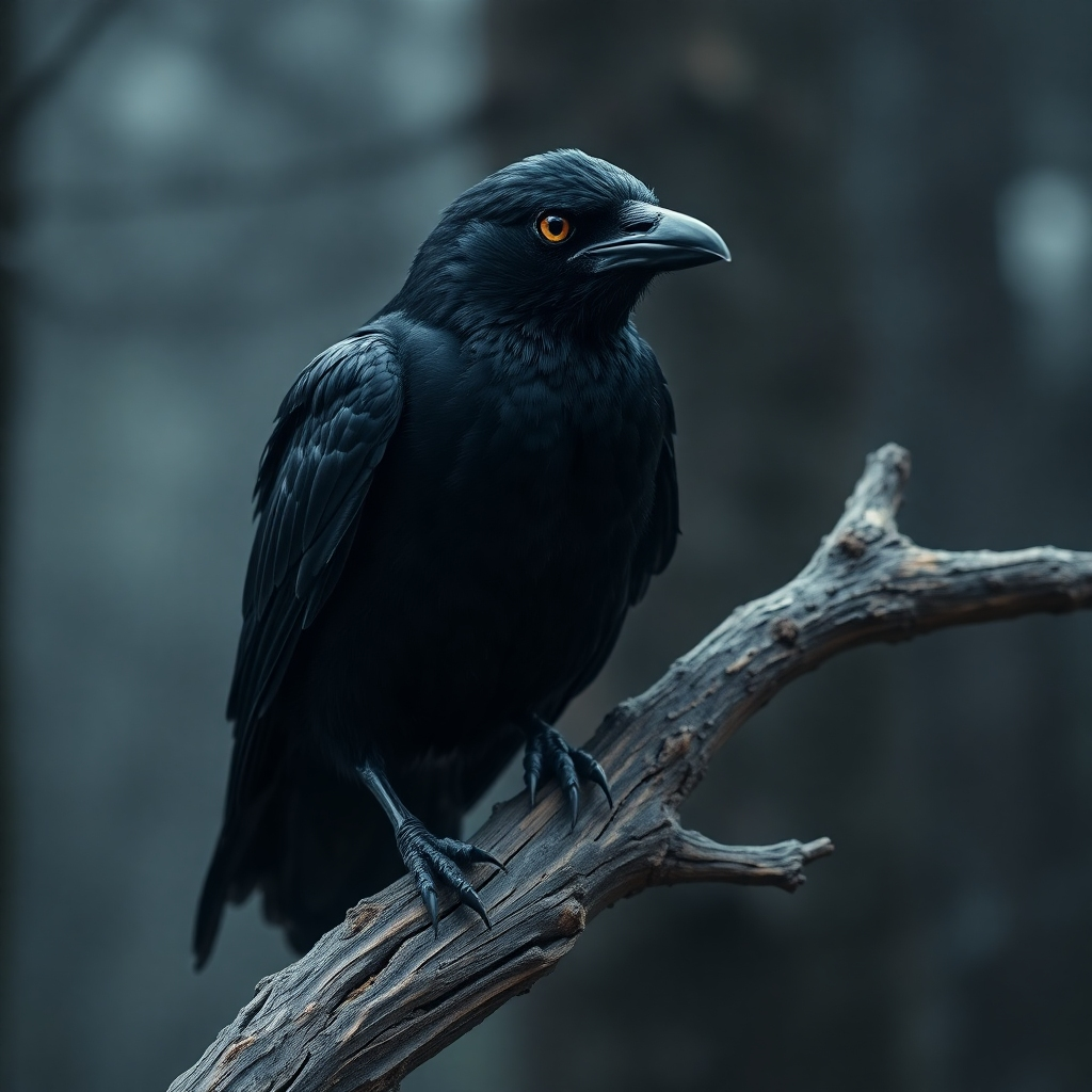 A photorealistic close-up image of a single crow with intensely bright eyes, perched on a weathered, ancient-looking branch. The background is blurry but suggests a dark and foreboding forest. The crow's feathers are detailed, and its expression is intelligent and watchful.