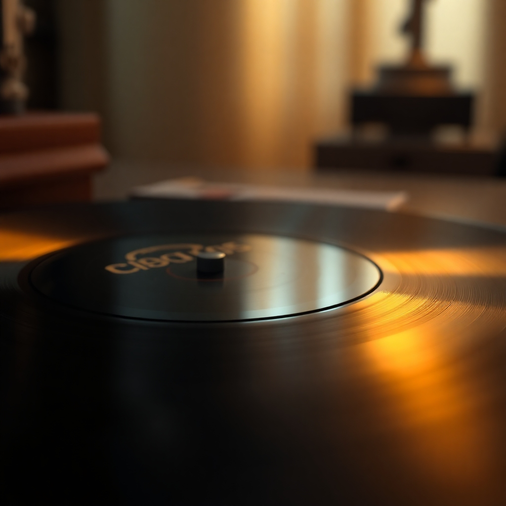 A photorealistic close-up image of a vinyl record of Sergio Bedolla and the Phantom Crows, with the needle gently resting in the groove. The background is subtly blurred, with warm lighting creating a nostalgic and intimate atmosphere. The image should evoke feelings of connection and personal experience with music.