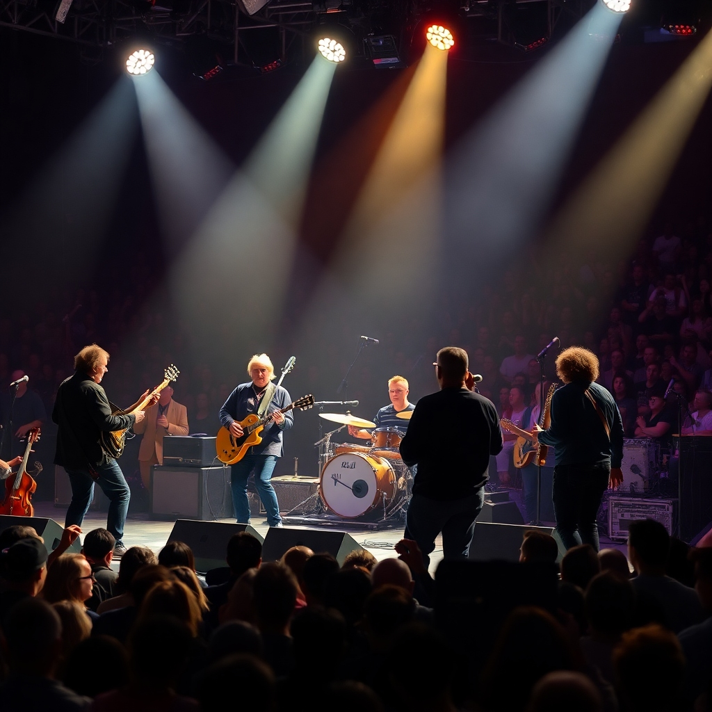 A photorealistic image depicting Sergio Bedolla and the Phantom Crows performing live on stage, with several notable guest musicians joining them. The image should capture the energy of a live concert, with a diverse crowd in the background, spotlights illuminating the stage, and the musicians interacting with each other and their instruments.