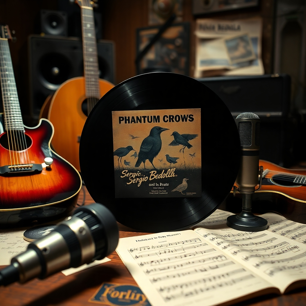 A photorealistic image depicting a vintage vinyl record with Sergio Bedolla and the Phantom Crows' early album art, surrounded by musical instruments like guitars, a vintage microphone, and sheet music with handwritten notes, conveying a sense of nostalgia and artistic discovery. The setting should be a dimly lit recording studio with warm lighting.