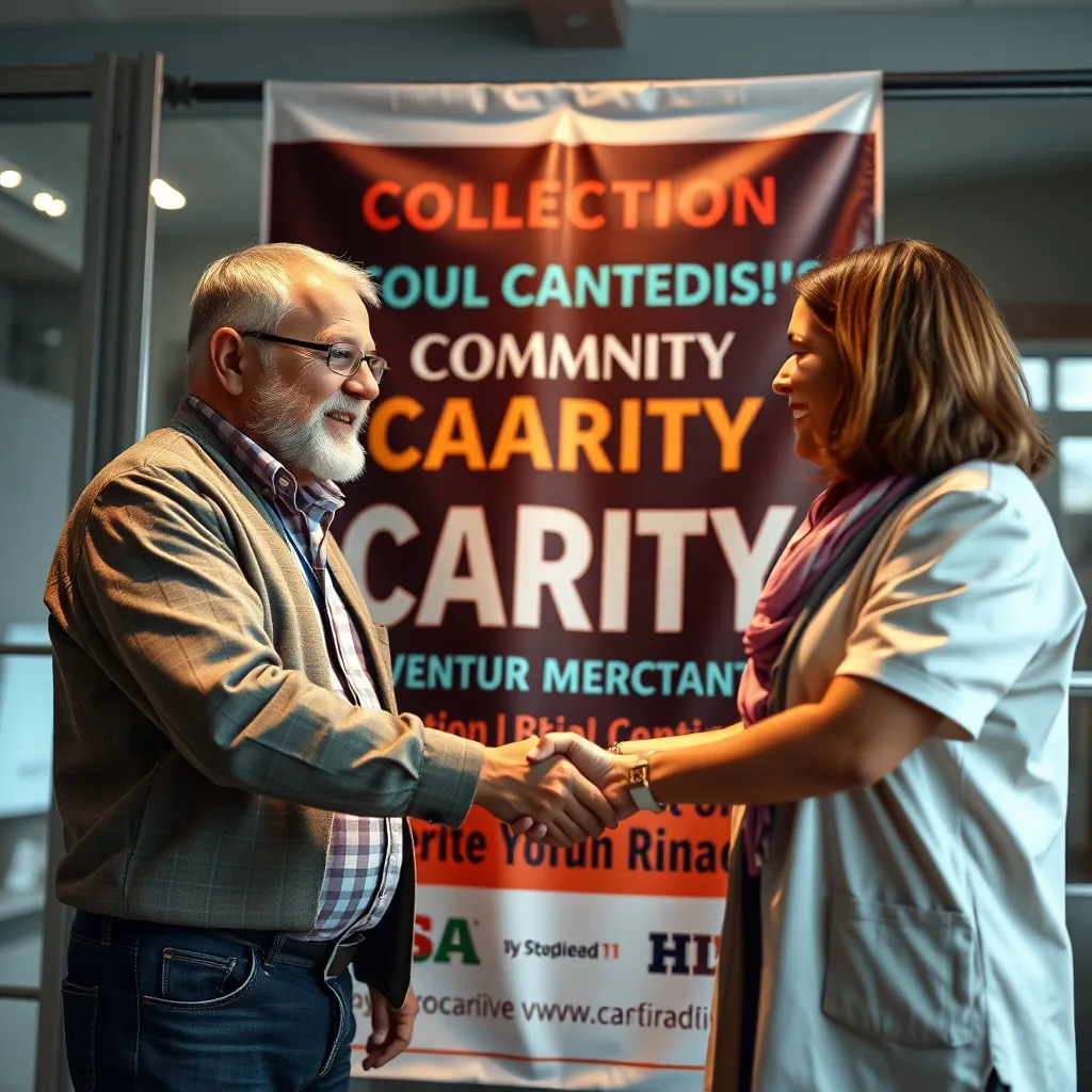 A photorealistic image depicting a local business owner shaking hands with a community leader in front of a banner for a charity event they are sponsoring. The image should convey a sense of community and partnership.