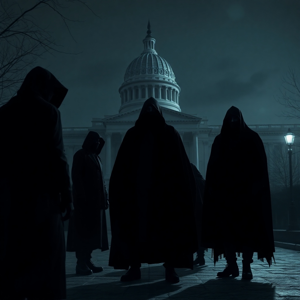 A photorealistic image depicting a nighttime scene where shadowy figures, resembling the Phantom Crows, are engaged in a clandestine meeting. They are cloaked and hooded, and their faces are unseen. A large, imposing building is in the background, possibly a government building or a secret society headquarters. The atmosphere is tense and suspenseful.