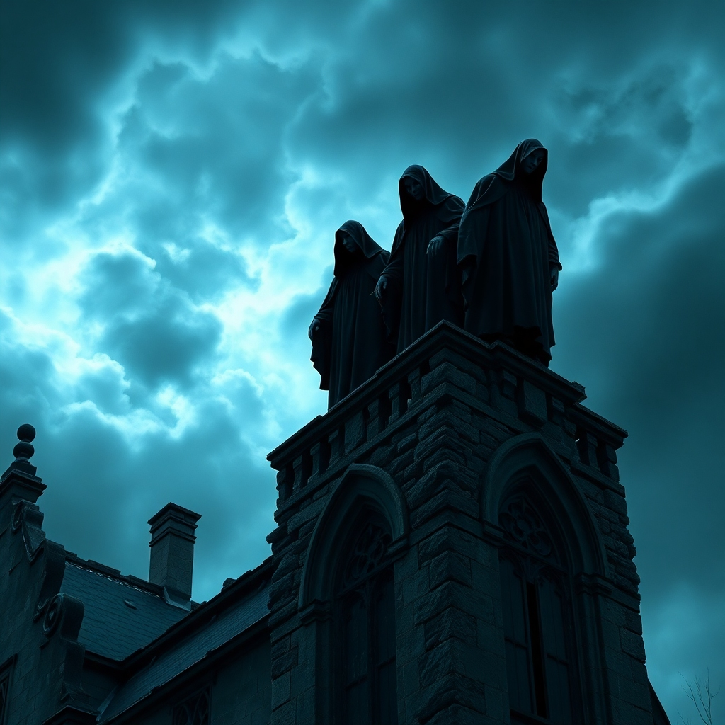 A photorealistic image depicting a group of shadowy figures, cloaked in black, perched atop a crumbling gothic building under a stormy night sky. Their faces are obscured by darkness, and their eyes glow faintly.  The overall mood is eerie and mysterious. High detail, 8k resolution, cinematic lighting