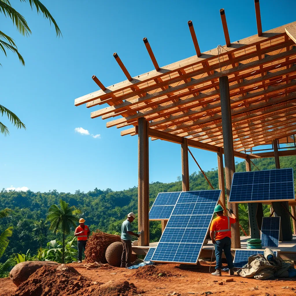 A photorealistic image depicting a construction site in Dominical with workers using recycled materials and solar panels. The background features the lush rainforest and a clear blue sky. The image should highlight the environmentally conscious aspects of construction in the region.